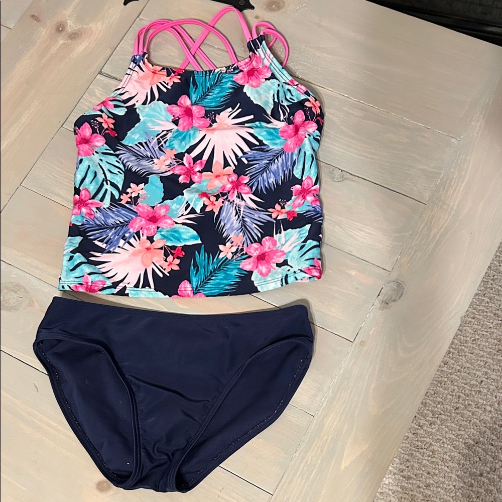 Cat & Jack Navy Floral Tankini with Pink Straps